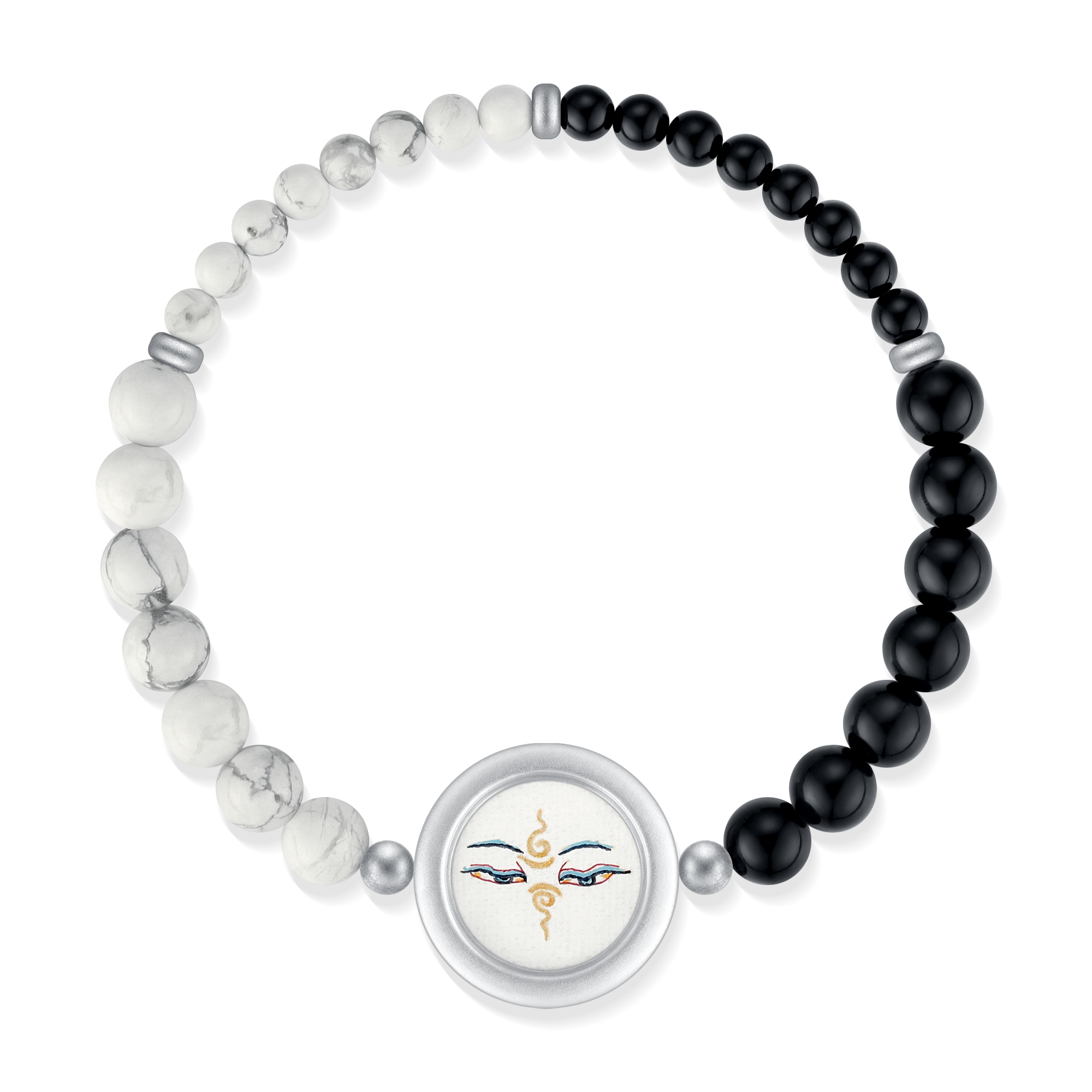 Bracelet with black, white, and gray beads featuring a central circular charm on a white background